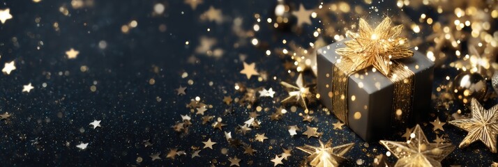Aufkleber - Holiday Sparkles and Stars Surround a Glowing Gift Box in a Festive Display