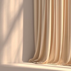 Canvas Print - beige curtain backdrop with sunlight on wall in a minimalist room setting, neutral tones, soft light