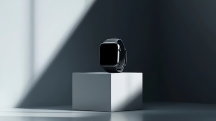 Poster - Smartwatch displayed on a minimalist white cube against a dramatic light background.
