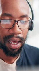 Aufkleber - Communication, contact us and headset with black man in call center for advice or support. Consulting, customer service and microphone with agent in workplace as virtual assistant for online feedback