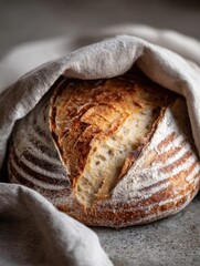 Poster - Sourdough Loaf Wrapped in Linen Resting on a Wooden Surface After Baking in a Cozy Kitchen Setting