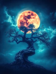 Wall Mural - Dramatic full moon rising behind a gnarled tree at night in a fantasy landscape with dark blue sky and clouds artistic