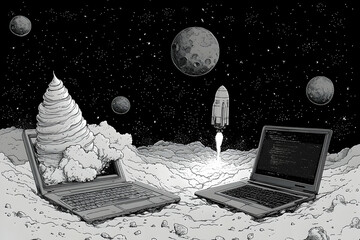 Two laptops on a lunar landscape, one partially buried, with a rocket launching and planets in the sky