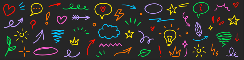 Aufkleber - Line marker hand color brush icon set. Arrow stroke sketch pencil underline drawn element colorful shape for text design. Hand drawn heart crown star symbol with playful doodle. Vector illustration