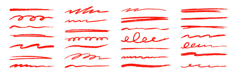 Aufkleber - Red line underline crayon pencil brush stroke set. Handwritten highlight doodle sketch scribble underline set. Crayon stroke hand drawn red color text highlight shape. Vector illustration.