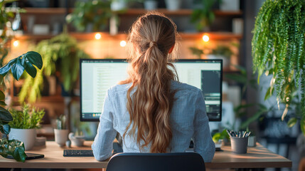 Dedicated female programmer fine-tuning software code at ergonomic standing workstation in contemporary tech company office