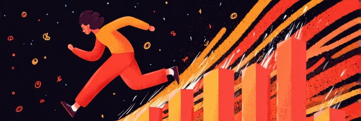Poster - Dynamic Discount Burst Illustration With a Character Running on a Growing Bar Graph in a Vibrant Setting During a Promotional Event
