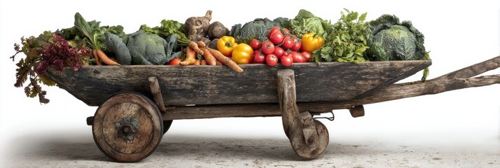 Poster - Farmers Wheelbarrow Filled With Fresh Produce Like Tomatoes, Carrots, and Greens Ready for Market in Bright Light