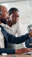 Aufkleber - Call center, people and coaching with mentor on computer for support, talking and help happy intern. African consultant, headset or training with customer service team for assistance with question