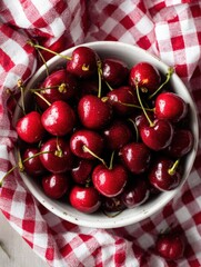 Aufkleber - Bowl of Fresh Cherries on a Gingham Cloth Perfect for Summer Gatherings and Desserts