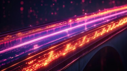 Dynamic abstract light streaks in neon pink and orange hues, representing data flow or speed, against a dark background. Ideal for websites/blogs on technology, internet, data, speed, or cybersecurity