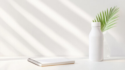 Poster - minimalist workspace with white notebook, sleek white water bottle, and glass vase holding green palm leaf, all placed on white surface with soft sunlight streaming through