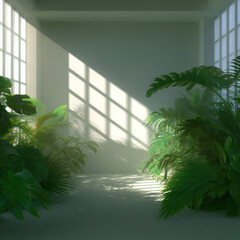 Poster - Tropical plant sunlight window shadow green leaf indoor natural light botanical foliage serene peaceful atmosphere fill this bright room creating tranquil lush and relaxing environment
