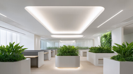 Poster - Modern office interior with ceiling air conditioning, abundant natural and artificial light, and vibrant green plants creating refreshing and productive workspace atmosphere