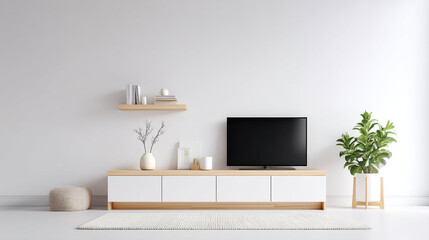 Aufkleber - Modern TV cabinet minimalist living room white wall wooden shelf flat screen television indoor plant decorative vase cozy rug natural light calm atmosphere