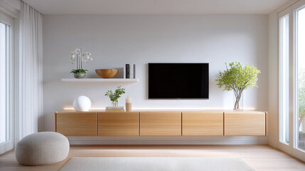 Poster - Modern living room with minimalist wooden TV cabinet, wall mounted television, decorative plant, shelf with books, and natural light from large window, creating calm atmosphere
