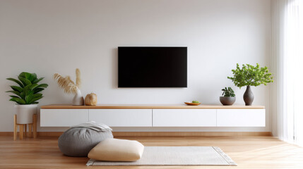 Aufkleber - Modern TV cabinet minimalist living room wooden floor white wall indoor plant natural light cozy cushions decorative vase contemporary style peaceful atmosphere