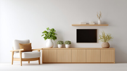 Aufkleber - Modern living room with wooden TV cabinet, armchair, indoor plants, wall shelf, and minimalist decor, creating calm and cozy atmosphere with natural light and neutral colors