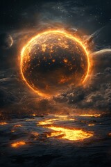 Wall Mural - dramatic view of a fiery planet rising above a lava-filled landscape in a dark cloudy sky with stars