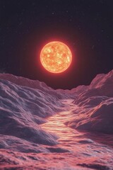 Wall Mural - red giant star over alien landscape scenery shot of exoplanet with mountains and river in outer spac