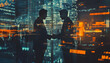 © Oleksiy - Forex trading. Schemes with double exposure of people shaking hands and night city