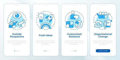 Wall Mural - business consulting blue onboarding mobile app screen. work organization. walkthrough 4 steps editab