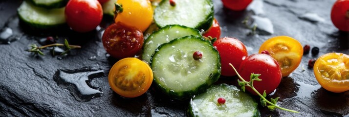 Poster - Freshly Sliced Cucumbers and Vibrant Cherry Tomatoes Arranged on a Slate Surface Ready for a Healthy Snack