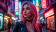 © Miracle Studio - Woman with pink hair in city at night