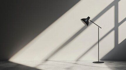 Poster - Minimalist interior with floor lamp, sunlight, and shadows on a neutral wall.