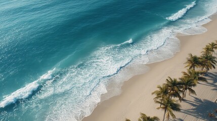 Poster - Turquoise waves gently lap at soft white sand, creating a tranquil atmosphere along the tropical coastline surrounded by vibrant palm trees on a sunny day