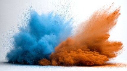 Aufkleber - A vibrant explosion of blue and orange pigment powders swirls energetically against a clean white background, creating a captivating visual spectacle