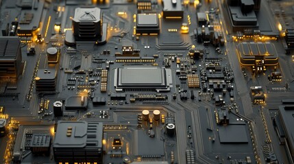 Leinwandbilder - Close-up of a circuit board with a central processor, illuminated components, and intricate design.