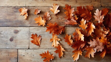 Poster - Close-up of vibrant orange oak leaves with intricate veins, scattered across a weathered wooden surface, showcasing the beauty of autumn foliage