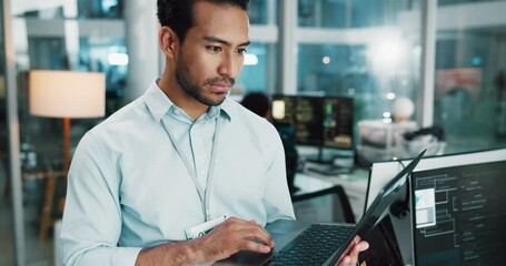 Aufkleber - Laptop, man and programmer typing in office for software development, network or database update. Online, coding and backend developer with computer for AI design, creative website and test project