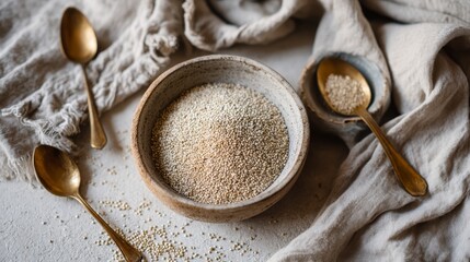 Aufkleber - Close-up of raw buckwheat grains in a clay bowl with brass spoons, surrounded by soft cloth. Gentle shadows create a wholesome and warm aesthetic