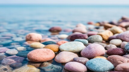 Aufkleber - Multicolored river stones glisten in clear, rippling water as soft sunlight filters through, creating a tranquil atmosphere along the water's edge