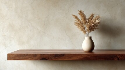 Poster - A modern wooden shelf mounted on a textured beige wall displays a single ceramic vase filled with delicate dried pampas grass, illuminated by warm lighting