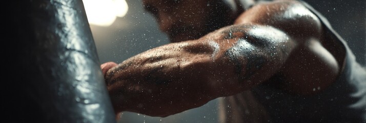 Aufkleber - Muscle Engagement and Determination Displayed During a Punching Bag Workout in a Gym Setting
