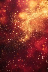 Wall Mural - golden glitter particles cascade on a dark red background, abstract festive design element, macro sh