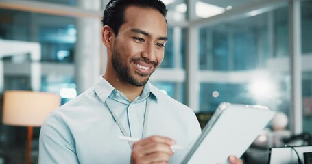 Poster - Happy, businessman and night with tablet for web design, app development or software at office. Man, employee or developer working late with smile or pen on technology for online platform or research