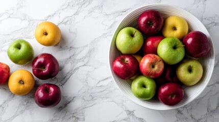 Poster - Ceramic bowl filled with fresh apples and oranges sits elegantly on a polished marble countertop, showcasing vibrant colors and shadow play for an inviting composition