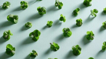 Poster - Close-up view of arranged clover leaves on a soft mint backdrop forms a calming, repeating pattern ideal for home decor or stationery applications