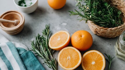 Aufkleber - Sliced oranges and fresh rosemary sprigs create a colorful flat lay on a slate surface, complemented by a wooden juicer in warm natural light for a fresh look