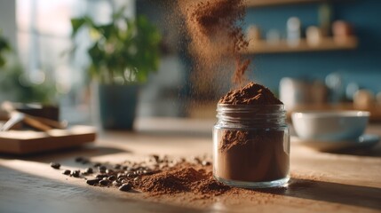 Aufkleber - Cocoa powder spills gracefully from a glass jar onto a rustic wooden table, bathed in warm light, evoking a cozy kitchen moment perfect for baking