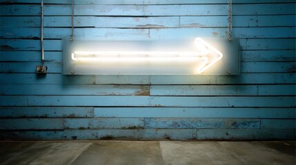 Aufkleber - A glowing neon arrow sign illuminates a weathered wooden wall, casting a soft blue hue in the evening, providing directional guidance with an urban feel