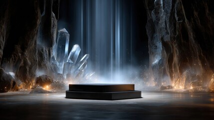 Poster - A dark cave with a stone pillar in the middle