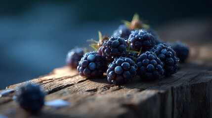 Aufkleber - Blackberries are clustered on a rough wooden plank, their surfaces shining with water droplets in the soft, natural sunlight of a serene outdoor setting