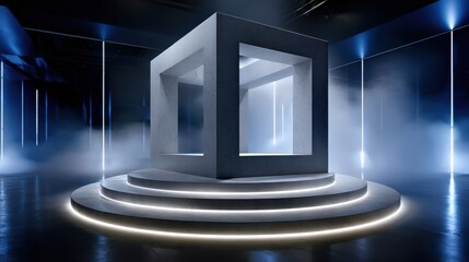 Aufkleber - A large cube is sitting on a platform with a foggy atmosphere