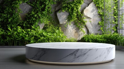 Poster - A white marble round table with a green wall behind it