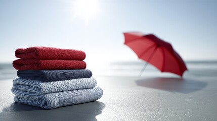 Aufkleber - Soft sunrise light fills the beach, highlighting a red umbrella and perfectly folded towels on smooth sand. Calm ocean water creates a peaceful backdrop